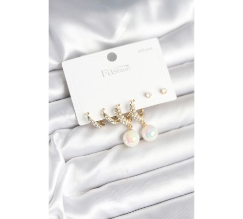 Pirinç Gold Renk İncili 925 Ayar Gümüş Çivi Kadın Küpe Seti