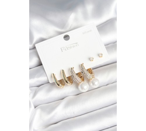 Pirinç Gold Renk Zirkon Taşlı İnci Detaylı 925 Ayar Gümüş Çivili Kadın Küpe Seti