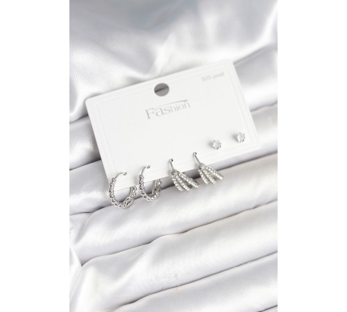 Pirinç Gümüş Renk Zirkon Taşlı 925 Gümüş Çivili Kadın Küpe Seti