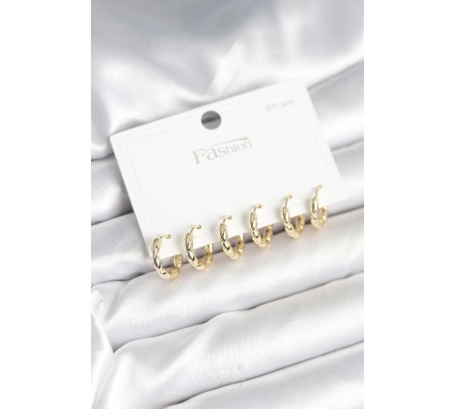 Pirinç Gold Renk Baklalı Halka 925 Gümüş Çivi Kadın Küpe Seti