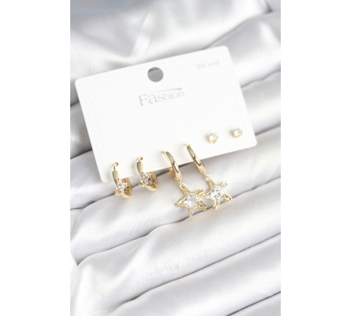 Pirinç Gold Renk Yıldız Model 925 Gümüş Çivili Kadın Küpe Seti