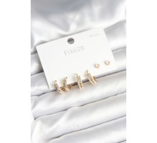 Pirinç Gold Renk Zirkon Taşlı 925 Gümüş Çivili Kadın Küpe Seti