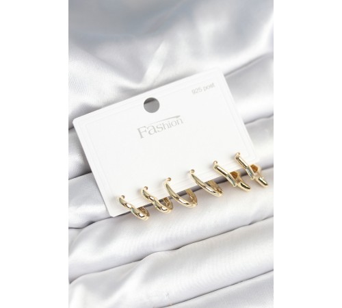 Pirinç Gold Renk Kalp Yıldız ve Halka Model 925 Ayar Gümüş Çivili Kadın Küpe Seti