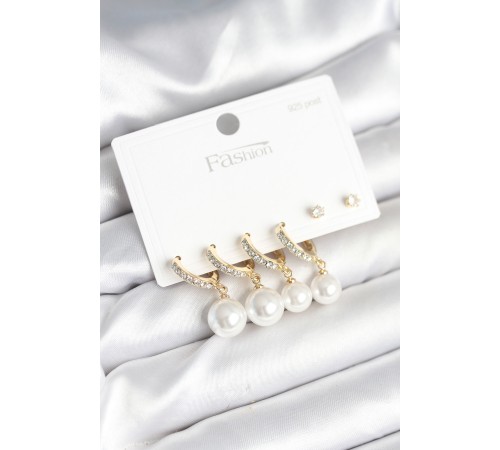 Gold Renk Zirkon Taşlı Pirinç İncili 925 Ayar Gümüş Çivili Küpe Seti