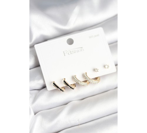 Gold Renk Pirinç Zirkon Taşlı 925 Ayar Gümüş Çivili Kadın Küpe Seti