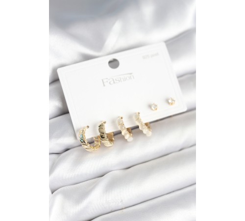 Gold Renk Pirinç Halka 925 Ayar Gümüş Çivili Kadın Küpe Seti