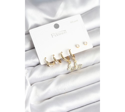 Gold Renk Pirinç Kelebek Model 925 Ayar Gümüş Çivili Kadın Küpe Seti