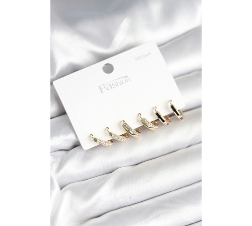 Pirinç Gold Renk 925 Ayar Gümüş Çivi Kadın Küpe Seti