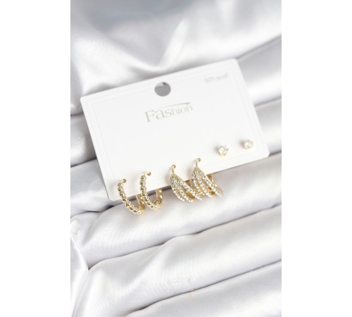 Gold Renk Pirinç 925 Ayar Gümüş Çivili Kadın Küpe Seti