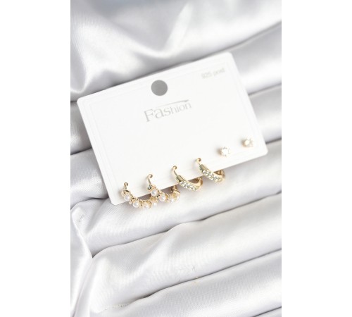 Pirinç Gold Renk Zirkon Taşlı ve İncili Model 925 Ayar Gümüş Çivi Kadın Küpe Seti