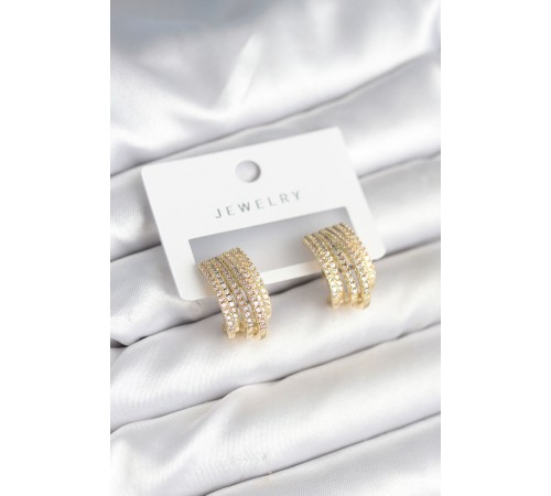 Zirkon Taşlı Şerit Model Gold Renk Pirinç Kadın Küpe