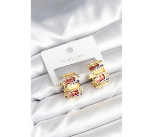 Mineli Karışık Renkli Gold Pirinç Kadın Küpe