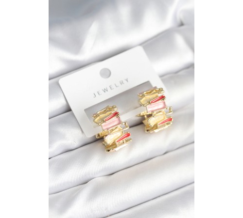 Mineli Karışık Renkli Gold Pirinç Kadın Küpe