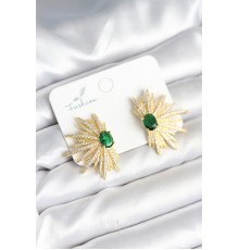 Yeşil Taş Detaylı Zirkon Taşlı Gold Renk Pirinç Kadın Küpe