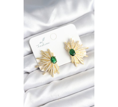 Yeşil Taş Detaylı Zirkon Taşlı Gold Renk Pirinç Kadın Küpe