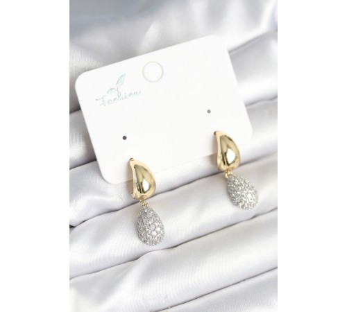 Gold Renk Zirkon Taşlı Damla Pirinç Kadın Küpe