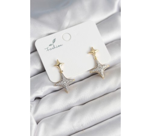 Kutup Yıldızı Pirinç Gold Renk Zirkon Taşlı Kadın Küpe