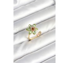 Çiçek Model Yeşil Pirinç Gold Renk Yüzük