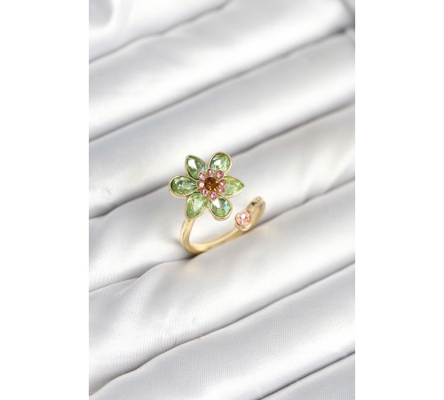 Çiçek Model Yeşil Pirinç Gold Renk Yüzük