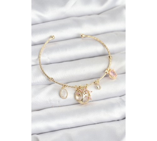 Hayat Ağacı Charmlı Gold Renk Pirinç Kadın Bileklik