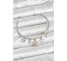 Çiçek ve Kelebek Charmlı Gümüş Renk Pirinç Kadın Bileklik