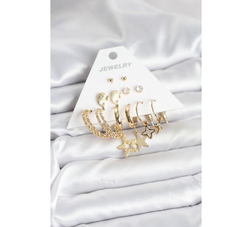 Gold Renk Yıldızlı Set 6 Çift Kadın Küpe Seti