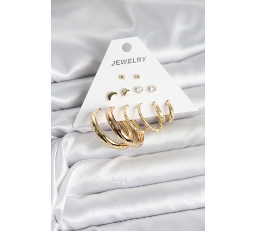 Gold Renk 6 Çiftli Pirinç Kadın Küpe Seti