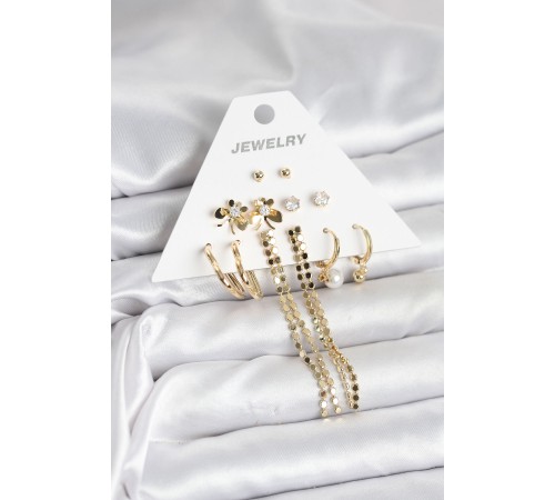 Gold Renk Pirinç 6'lı Kadın Küpe Seti