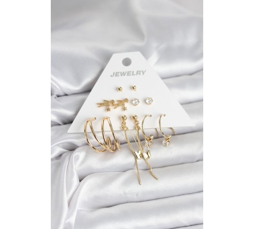 Pirinç Gold Renk 6 Çiftli Kadın Küpe Seti