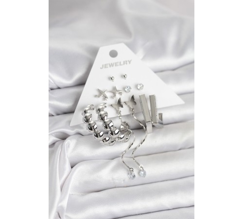 Gümüş Renk Pirinç 6'lı Kadın Küpe Seti