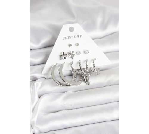 Pirinç Gümüş Renk 6 Çift Kadın Küpe Seti