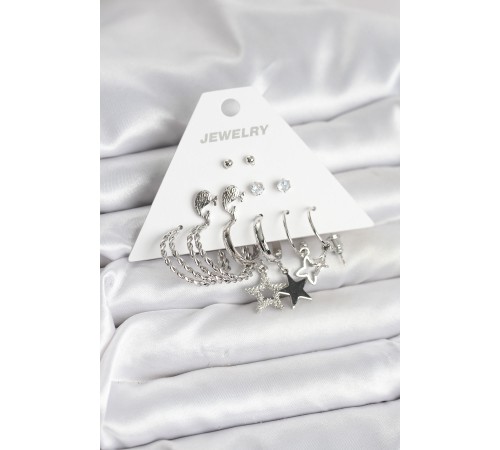 Pirinç Gümüş Renk 6'lı Kadın Küpe Seti