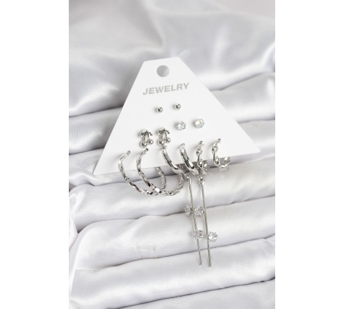 Gümüş Renk Pirinç 6'lı Kadın Küpe Seti