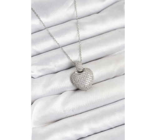 316L Çelik Zincir Gümüş Renk Zirkon Taşlı Kalpli Kadın Kolye