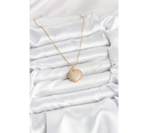316L Çelik Zincir Gold Renk Zirkon Taşlı Kalpli Kadın Kolye