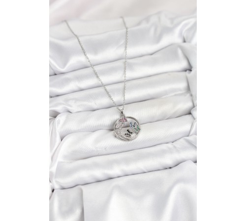 316L Çelik Zincir Gümüş Renk Zirkon Taşlı Kelebekli Kadın Kolye