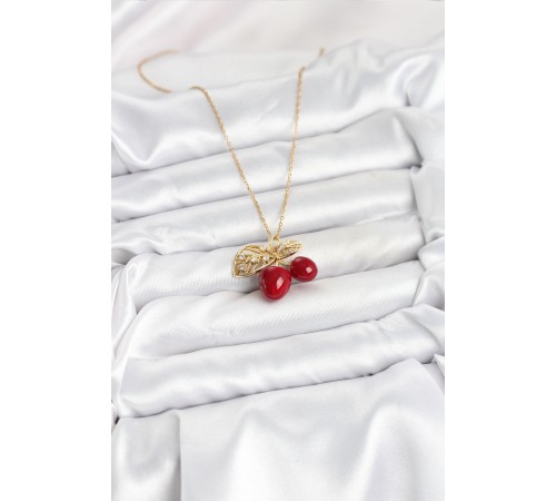 316L Çelik Zincir Yapraklı Kiraz Model Gold Renk Kadın Kolye