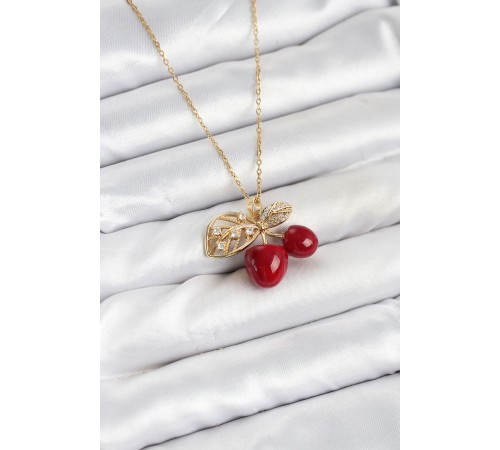 316L Çelik Zincir Yapraklı Kiraz Model Gold Renk Kadın Kolye