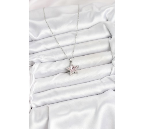 316L Çelik Zincir Gümüş Renk Pembe Taşlı Yıldız Model Kadın Kolye