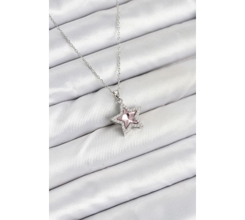 316L Çelik Zincir Gümüş Renk Pembe Taşlı Yıldız Model Kadın Kolye
