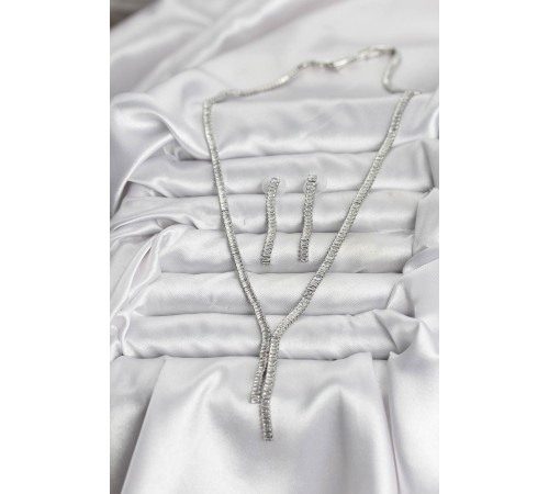 Gümüş Renk Baget Zirkon Taşlı Kadın Kolye Küpe Set