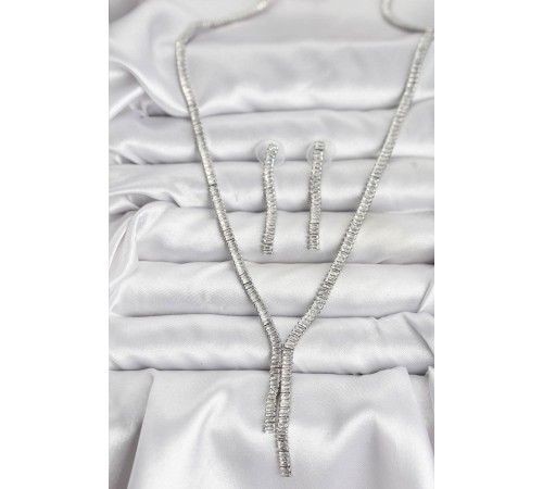 Gümüş Renk Baget Zirkon Taşlı Kadın Kolye Küpe Set