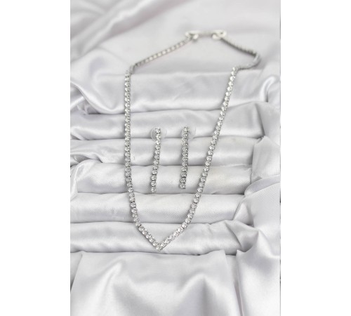 Gümüş Renk Zirkon Taşlı Kadın Kolye Küpe Seti