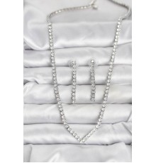 Gümüş Renk Zirkon Taşlı Kadın Kolye Küpe Seti