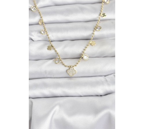 Pirinç Gold Renk Yonca Model Kadın Kolye