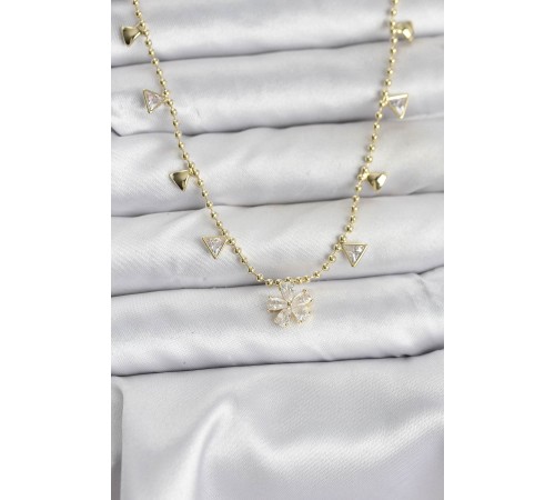 Pirinç Gold Renk Zirkon Taşlı Çiçek Model Kadın Kolye