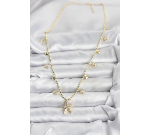 Pirinç Gold Renk Zirkon Taşlı Deniz Yıldızı Model Kadın Kolye