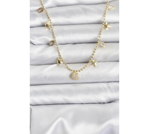 Pirinç Gold Renk Zirkon Taşlı Deniz Kabuğu Model Kadın Kolye