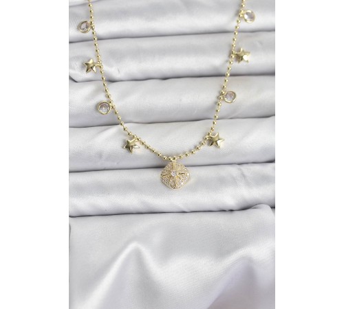 Pirinç Gold Renk Zirkon Taşlı Kutup Yıldızı Model Kadın Kolye