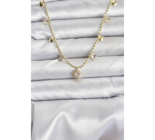 Zirkon Taşlı Kutup Yıldızı Model Pirinç Gold Renk Kadın Kolye